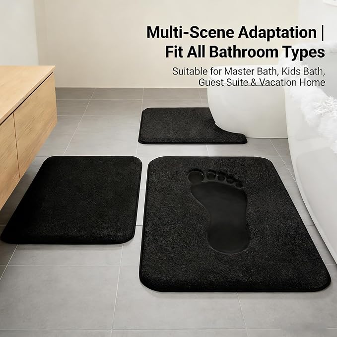 Black Bathroom Rug Set Memory Foam Bath Mats 3 Piece - Image 3