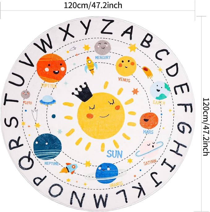 Round ABC Space Kids Rugs, 4 ft Non-Slip Solar System Alphabet Rugs, Washable - Image 2