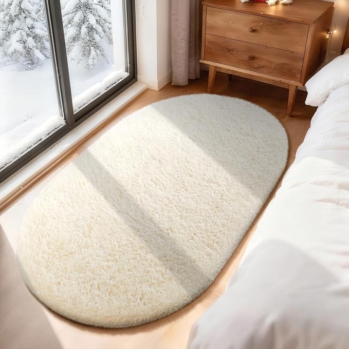 Ophanie 3x5 Oval Ivory Rugs for Bedroom Living Room Washable, Fluffy Fuzzy - Image 5
