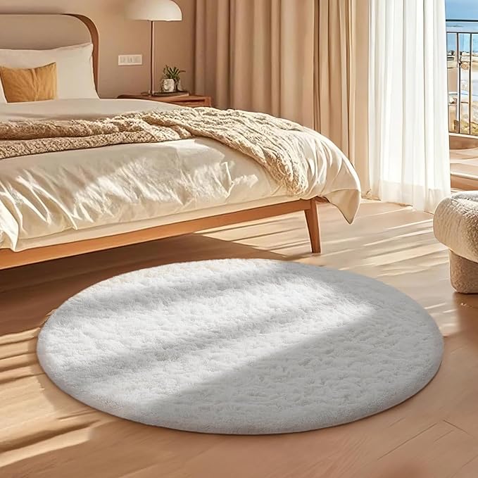 Ophanie Round Rug 4Ft White Circle Area Rug, Aesthetic Room Decor, Fluffy Fuzzy - Image 5