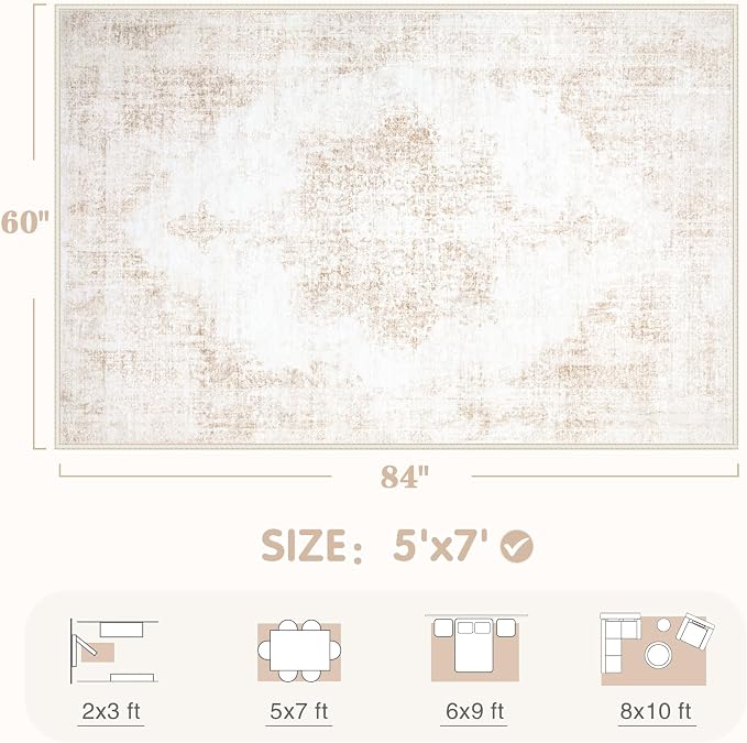 Area Rug 5x7 Vintage Rug: Washable Living Room Rugs Retro Medallion Distressed - Image 2