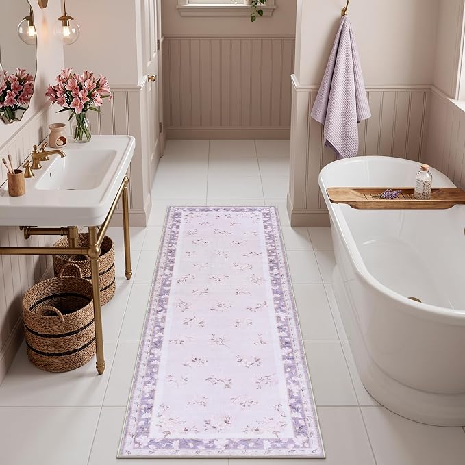 LIVEBOX Washable Lavender Bathroom Rugs Runner 2x6, Floral Hallway Rug Runner - Image 2