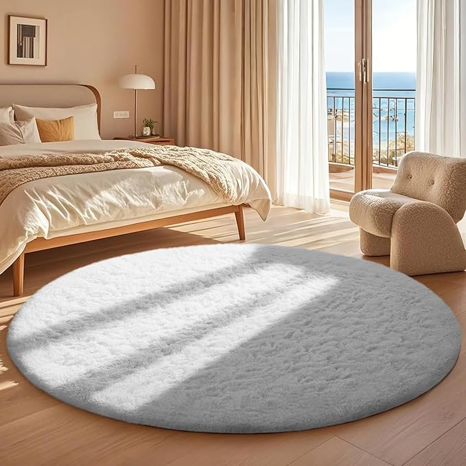 Ophanie Round Rug 5Ft White Circle Area Rug, Aesthetic Room Decor, Fluffy Fuzzy - Image 5