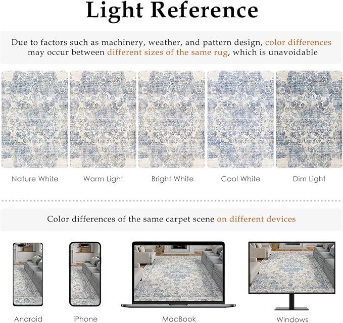 8x10 Washable Neutral Area Rug Blue Vintage Living Room Bedroom Carpet Non-Slip - Image 9
