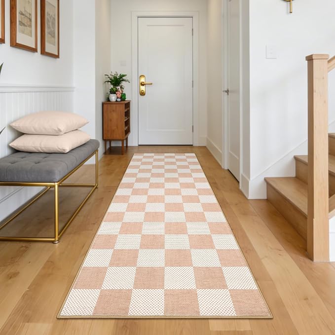 GarveeHome Checkered Blush Beige Neutral 2x6 Washable Kitchen Runner Rug - Image 2