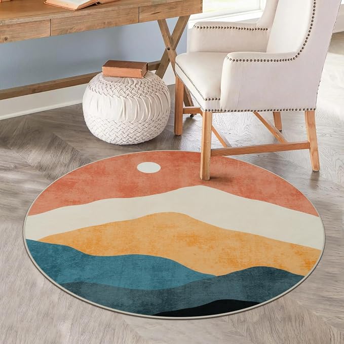 Abstract Round Rug 3ft, Faux Wool Soft Throw Area Rugs, Washable Farmhouse - Image 7