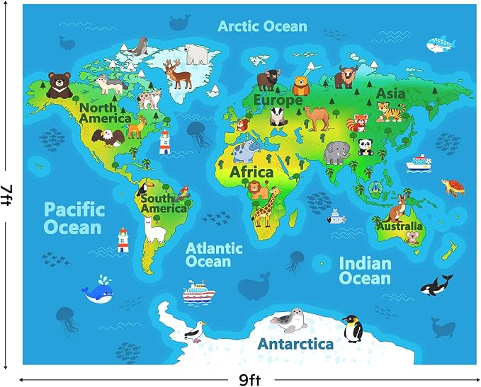 Kids Playroom Rug, 7x9ft World Map Play Mat - Image 2
