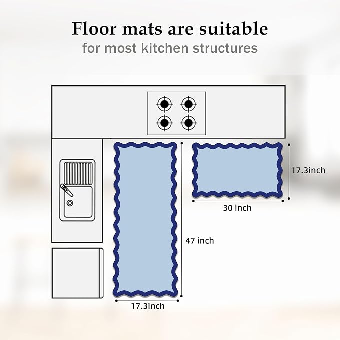 Arenarug Scalloped Navy Blue Kitchen Mats Rugs Sets of 2 Cushioned Anti Fatigue - Image 2