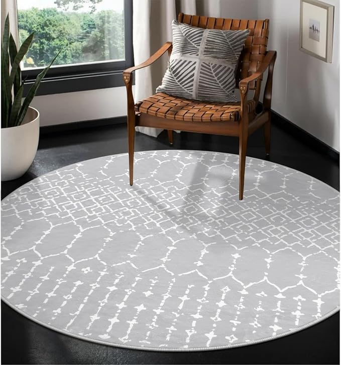 Lahome Moroccan Round Washable Rug 3Ft Small Circle Soft Non-Slip Grey Bathroom by Lahome