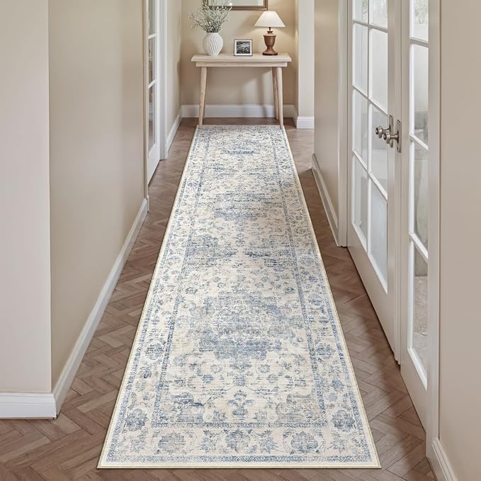 2x10 Washable Neutral Runner Rug Blue Vintage Hallway Kitchen Carpet Non-Slip - Image 3