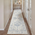 2x10 Washable Neutral Runner Rug Blue Vintage Hallway Kitchen Carpet Non-Slip - Image 3