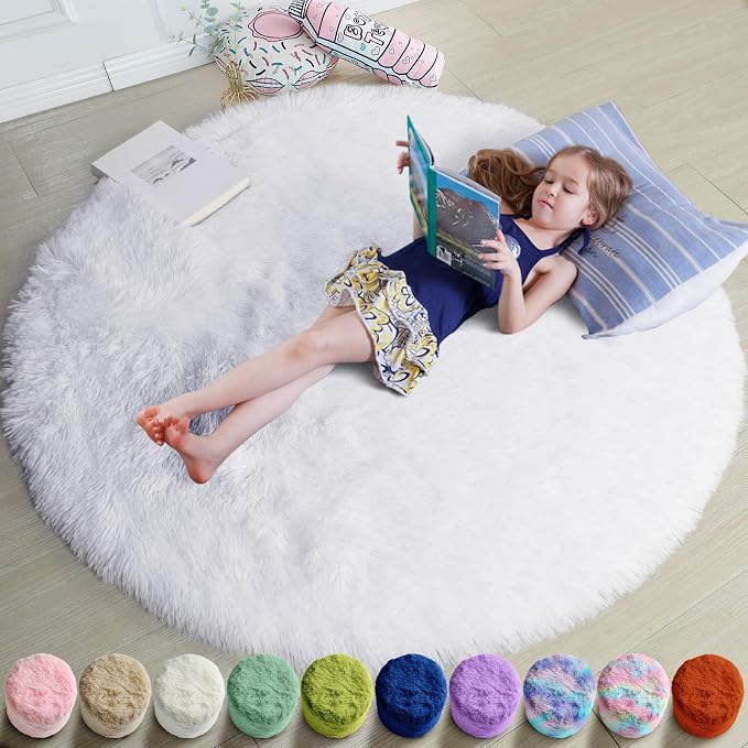 Round Rugs 5Ft White Circle Area Rug, Fluffy Fuzzy Bedroom Carpets by Amdrebio