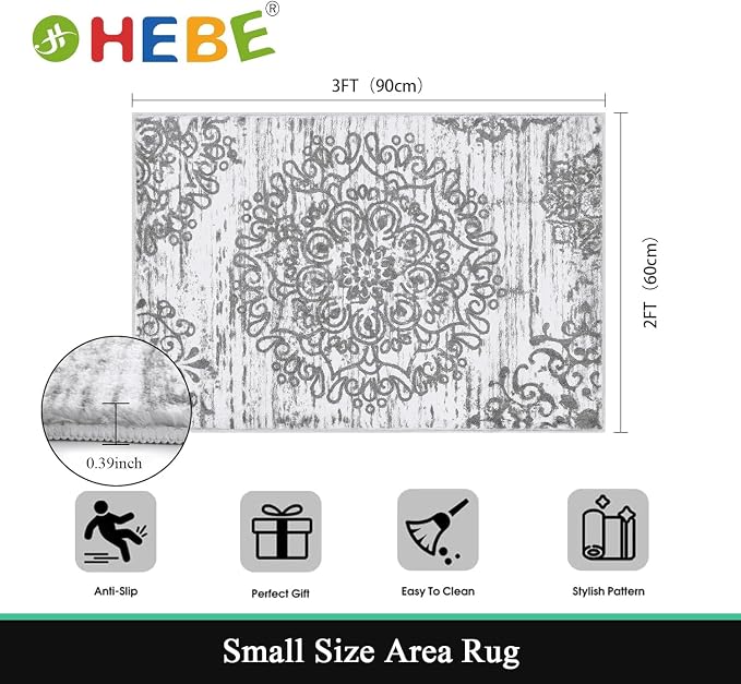 HEBE Indoor Door Mat 2'x3', Washable Distressed Boho Small Area Rug, Non Slip - Image 2