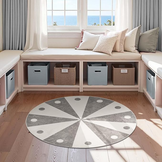 jinchan 5ft Round Rug Grey Washable Fun Cute Playroom Mat Non Slip Cheerful - Image 9