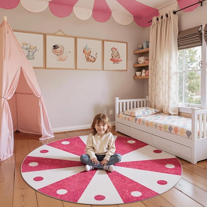 jinchan 5ft Round Rug Hot Pink Washable Fun Cute Playroom Mat Non Slip Cheerful - Image 2