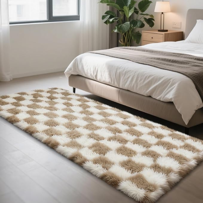 Checkered Rug for Bedroom, 3x7 Beige and White Area Rugs, Classic Checkered - Image 2