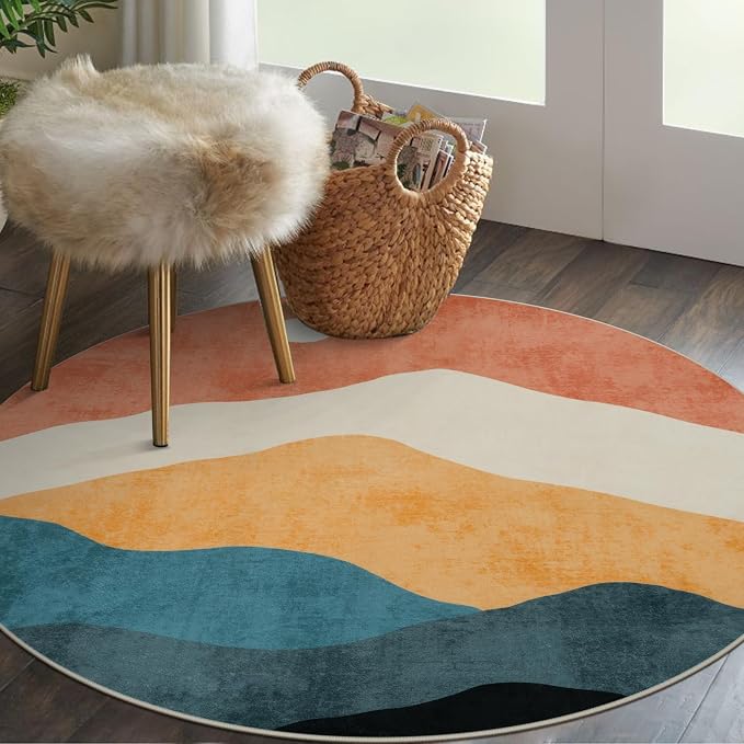Abstract Round Rug for Bedroom 4ft, Faux Wool Soft Area Circle Area Rug - Image 8