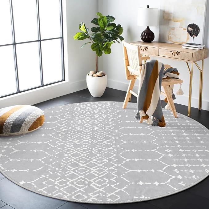 Lahome Moroccan 5Ft Round Rug Machine Washable Round Bedroom Carpet Grey - Image 6