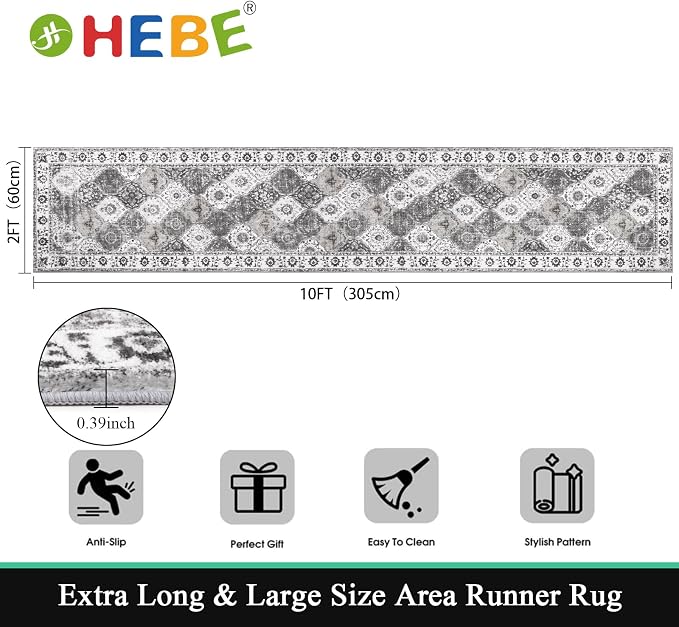 HEBE Hallway Runner Rug 2'x10' Washable, Vintage Distressed Area Rugs Non Slip - Image 2