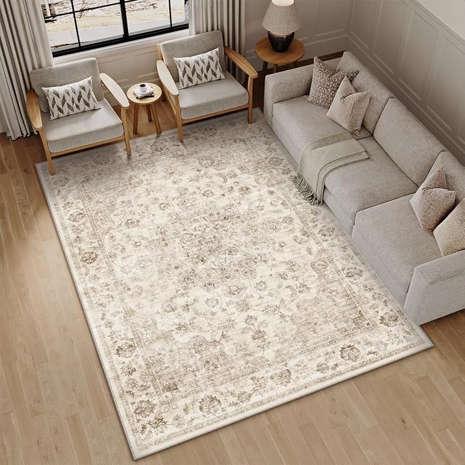 5x8 Washable Neutral Area Rug Beige Vintage Living Room Bedroom Carpet Non-Slip - Image 3
