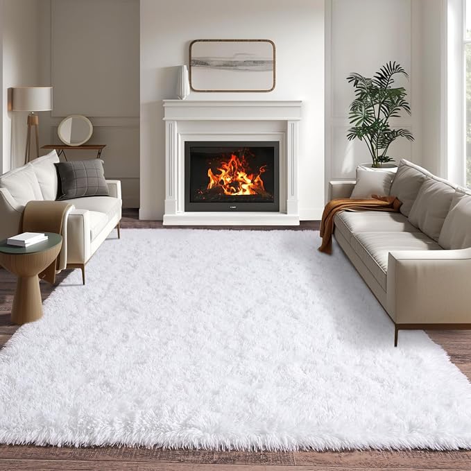 White Rugs for Living Room, Large Area Rug 6x9 Fluffy Shag Rug for Bedroom - Image 3