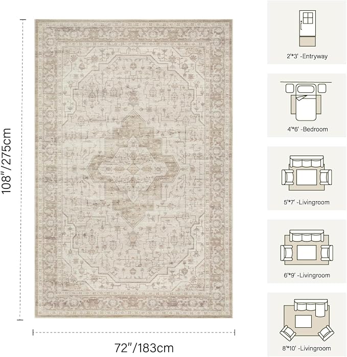 Rugxara 6x9 Washable Area Rug for Living Room, Vintage Neutral Large Boho Rugs - Image 2