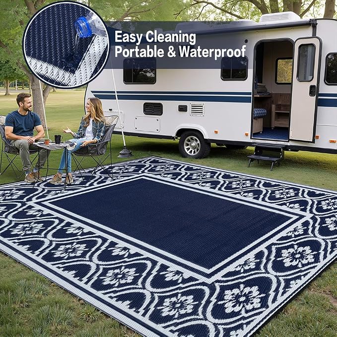 HUGEAR Outdoor Rug 8x10 Patio Camping Carpet Waterproof Mat Blue Outside - Image 5