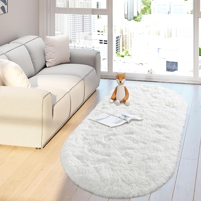 Soft Fluffy Area Rug for Bedroom, Cream White Fuzzy Shaggy Oval Throw Rugs for - Image 9