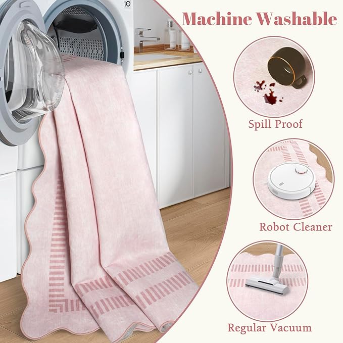 Pink Runner Rug 2.6x8 Kitchen Hallway Scalloped Rugs, Non Skid Stain-Resistant - Image 4