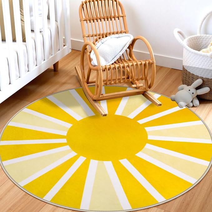 Lahome Yellow Rainbow Sun Round Rug: 4ft Washable & Non-Slip Low Pile - Image 7