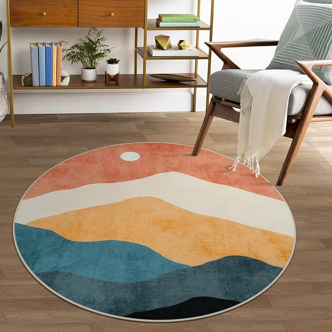 Abstract Round Rug 3ft, Faux Wool Soft Throw Area Rugs, Washable Farmhouse - Image 9