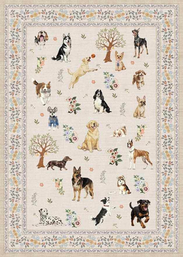 Dog Rug 4x6 Beige, Washable Floral Area Rugs Non Slip Low Pile Small Carpet - Image 5