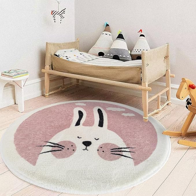 Poowe Pink Rabbit Soft Plush Round Rug - Image 5