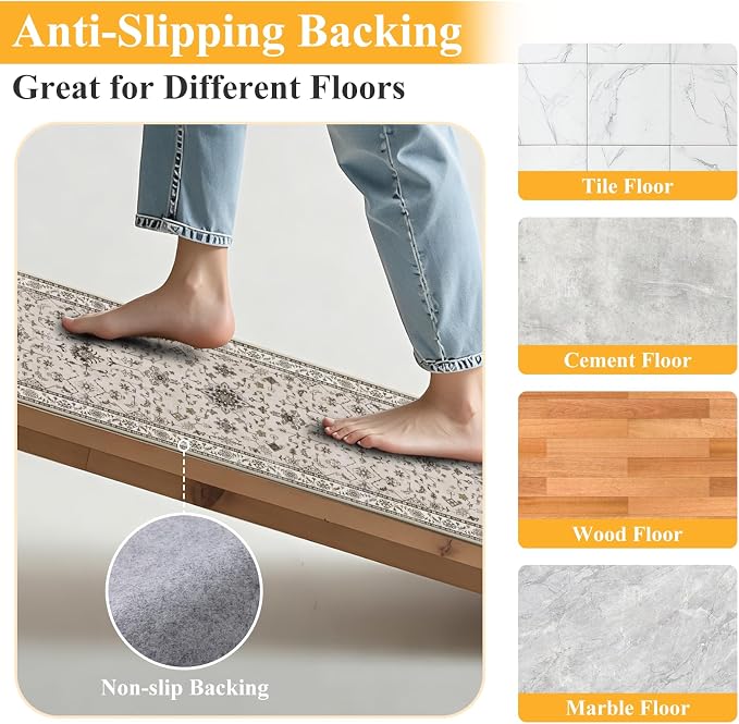 HEBE Washable Hallway Runner Rug 2'x 8' Non Slip Kitchen Rugs Runner, Low Pile - Image 3