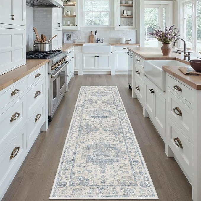 2x8 Washable Neutral Runner Rug Blue Vintage Hallway Kitchen Carpet Non-Slip - Image 2
