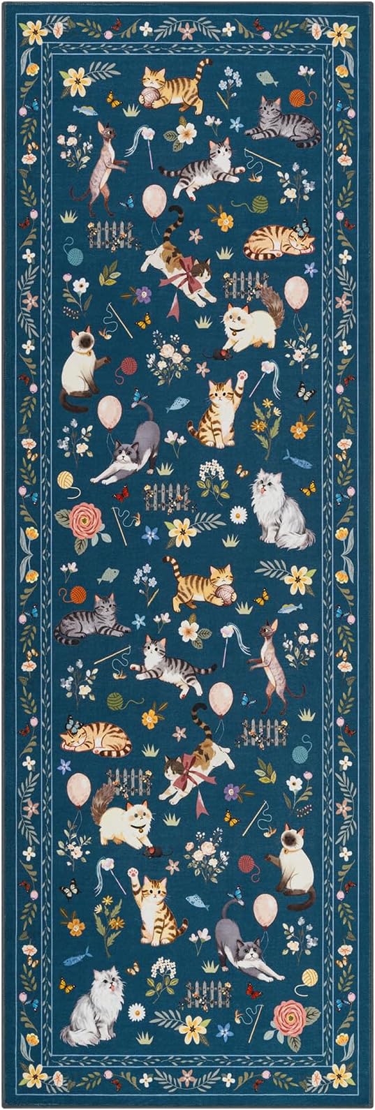 Unirea 2.6x8 Dark Blue Cat Runner Rug, Washable Non Slip Botanical Rug - Image 2