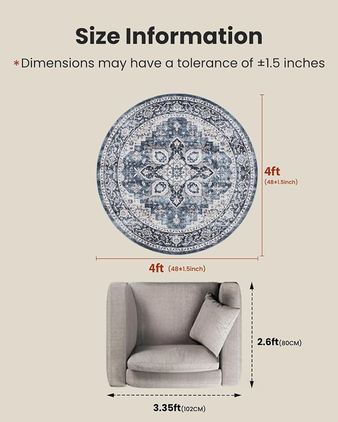 AMADA HOMEFURNISHING Round 4ft Area Rugs, Low-Profile Washable Rug - Image 2