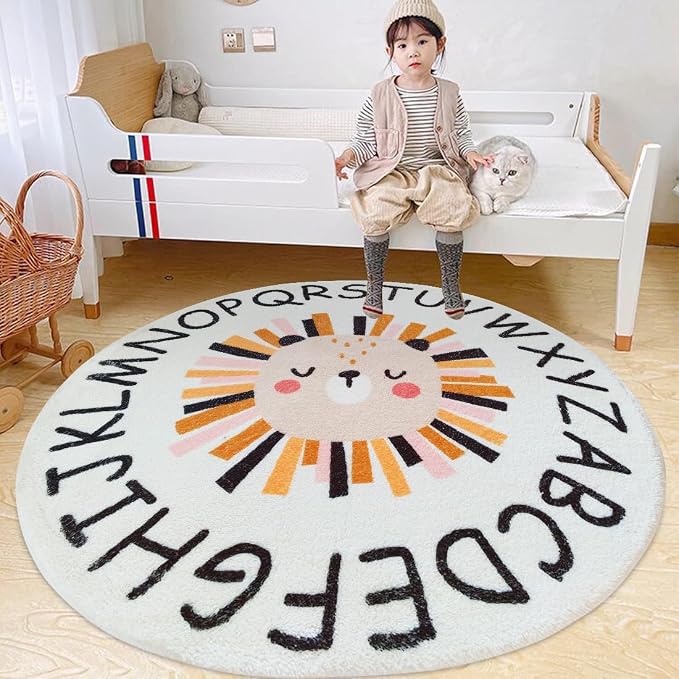 Poowe ABC Lion Kids Room Rug, 47.2" Round Washable Area Rugs by Poowe