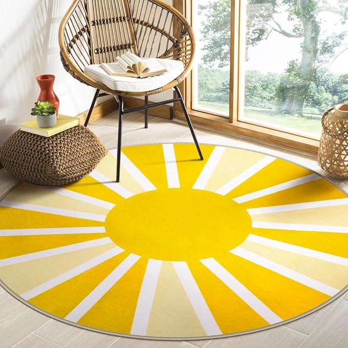 Lahome Yellow Rainbow Sun Round Rug: 3ft Washable & Non-Slip Low Pile by Lahome