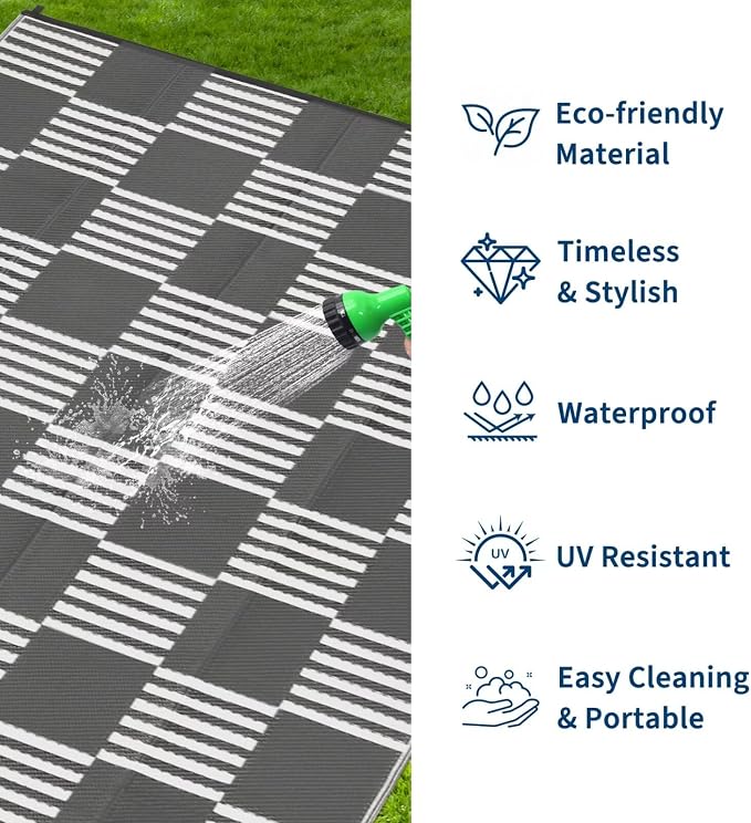 Garvee Waterproof Outdoor Rug 9x12, Checkered Foldable Plastic Straw Patio - Image 2