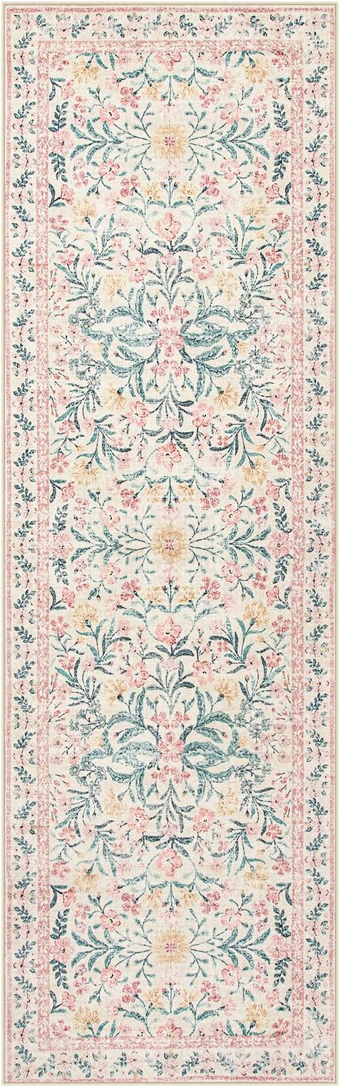Wonnitar Floral Washable Runner Rug, Boho Non Slip Soft 8ft Long Carpet - Image 8