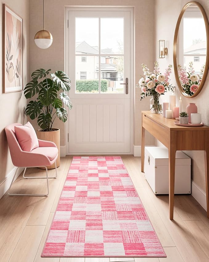Terrug Pink Runner Rugs for Kitchen, 2x6 Checkered Area Rug Washable - Image 2