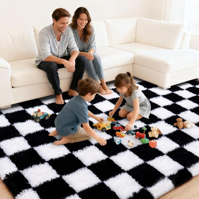 Checkered Rugs for Living Room 6x9, Ultra Soft Fluffy Rug for Bedroom, Modern - Image 3