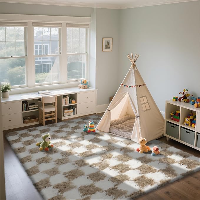 Checkered Area Rugs for Bedroom 5x8, Fluffy Beige and White Checkered Rug Fuzzy - Image 6