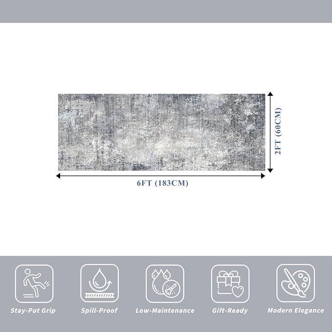 2x6 Non-Slip Washable Kitchen Runner Rug – Modern Coastal Abstract Carpet Runner - Image 2