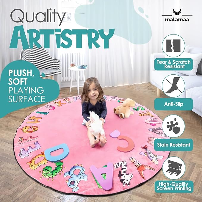 ABC Alphabet Rug for Kids – 6 ft Round Pink Play Mat for Toddlers & Babies - Image 6