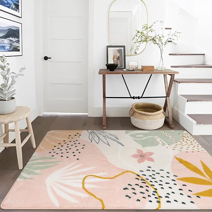 Lahome Pink Boho Bedroom Rug 5x7, Washable Non Slip Soft Botanical Area Rug - Image 9