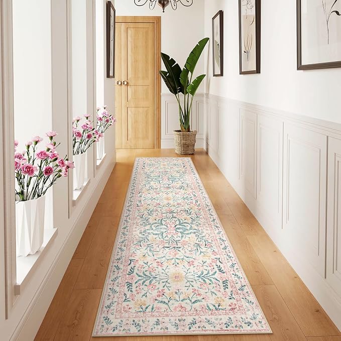 Wonnitar Floral Washable Runner Rug, Boho Non Slip Soft 8ft Long Carpet - Image 2