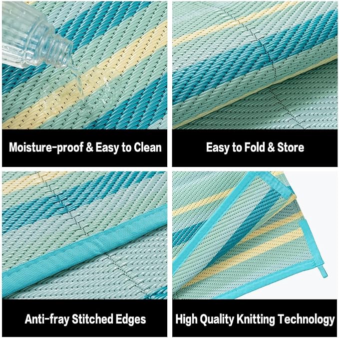 Outdoor Plastic Straw Rug Waterproof Patio 9x12 Teal Yellow Stripe Mat - Image 7