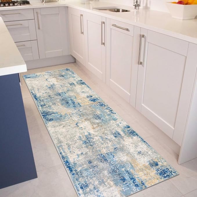 Lahome Modern Abstract Blue Bathroom Rug, 2x6 Washable Long Hallway Rug Soft - Image 3